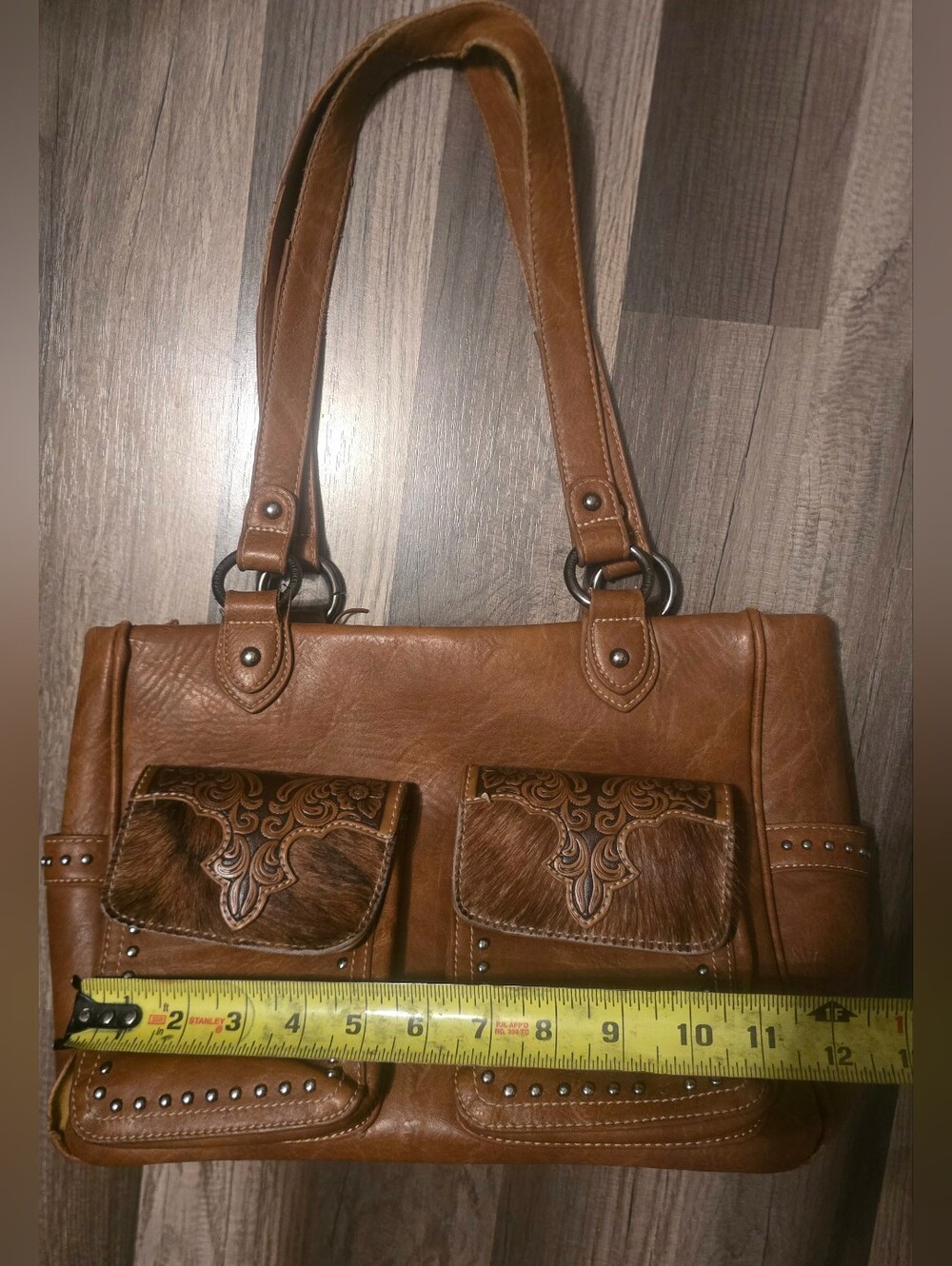 Montana West Cowhide Studded Leather Zip Top Tote Purse